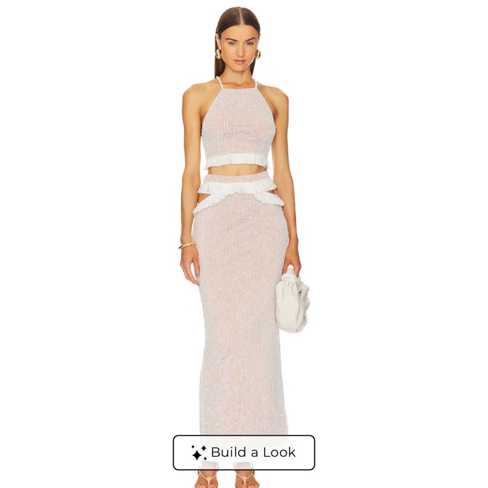 Michael Costello Noomi Maxi Skirt & Top set in Ivory, Fringe Detail, NWT